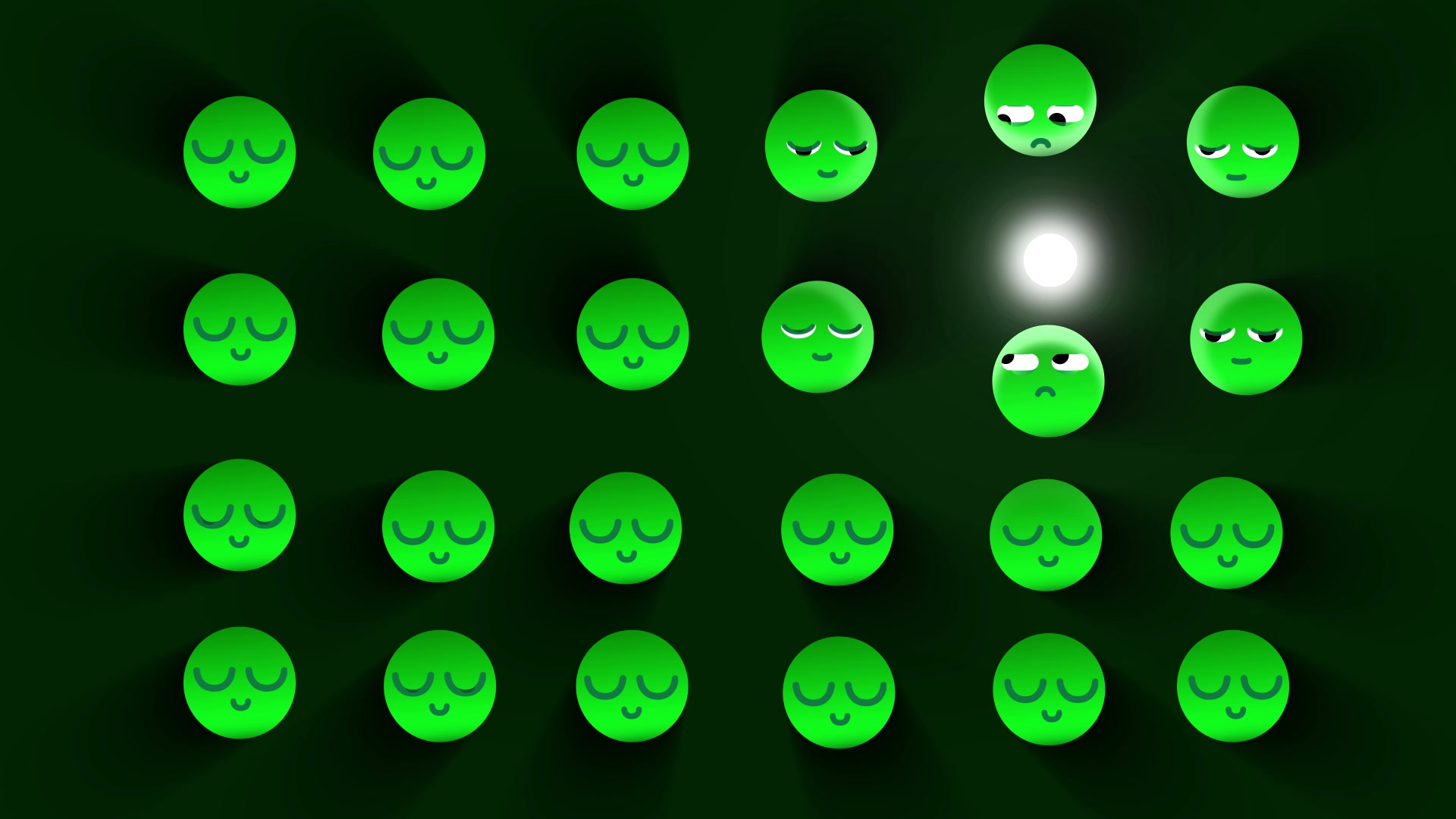 A grid of green spheres comes to life around a moving point of light.